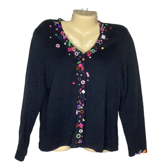 Michael Simon Cardigan Medium Black Colorful Beaded Sequin Hearts Embellished M - Picture 1 of 9